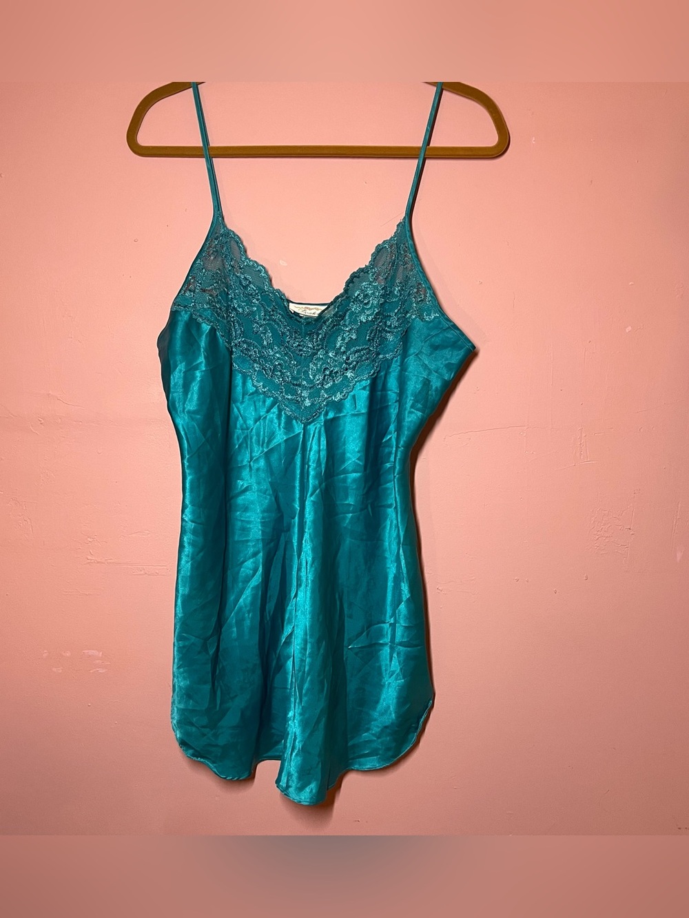 Vintage Dentelle Nightgown Emerald Green Satin Lace Chemise Slip Dress Large